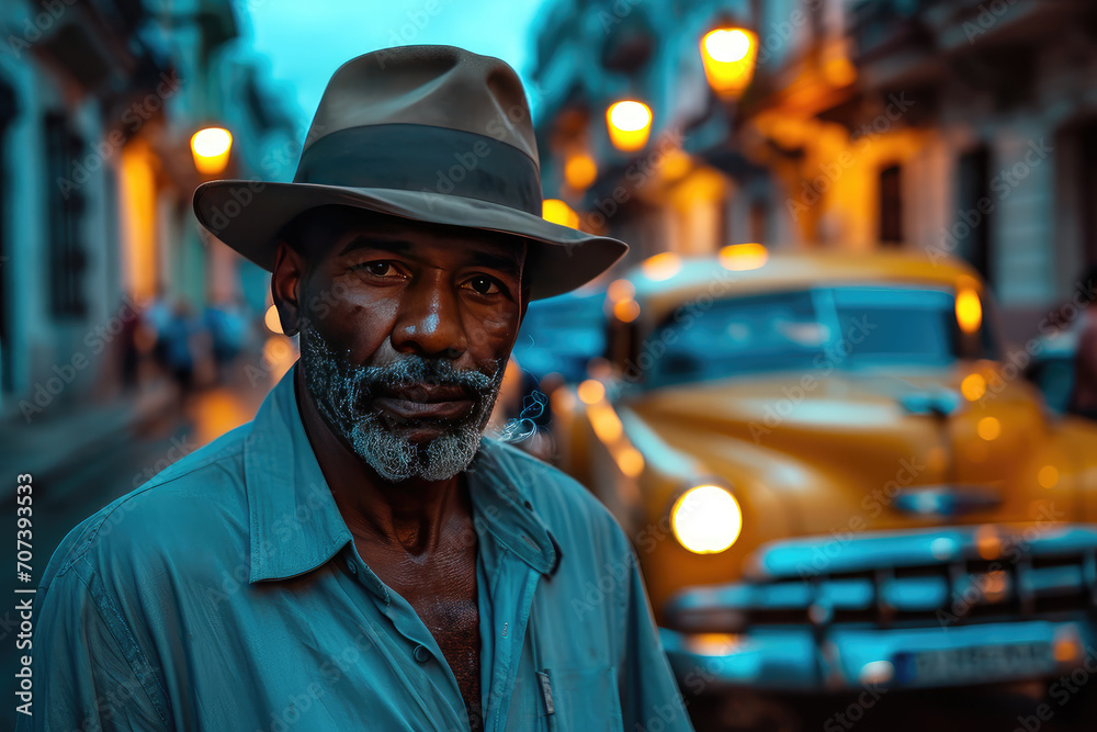  hombre cubano con traje y sombrero fumándose un puro por la noche, envuelto entre humo en una calle colorida de la abana, con fondo de coches retro