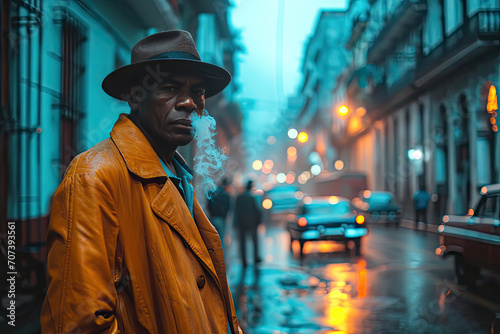  hombre cubano con traje y sombrero fumándose un puro por la noche, envuelto entre humo en una calle colorida de la abana, con fondo de coches retro © Julio