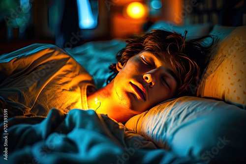 Hombre descansando plácidamente por la noche en su cama con luces de ciudad de fondo photo