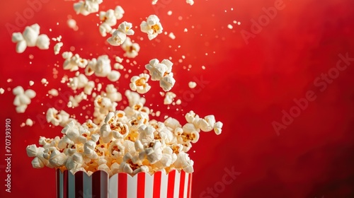 Flying popcorn from striped box on red background banner