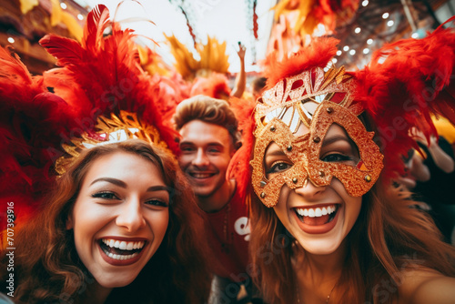 photograph of a group of smiling young friends taking a selfie during a carnival party celebration with masks and makeup. Image created by AI