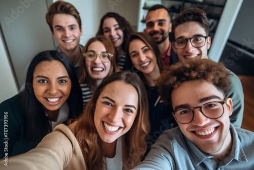 photo of a group of smiling young students taking a selfie as a souvenir of a course they have done together collaborating with copy space. Image created by AI