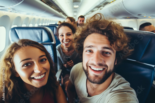 photo of a group of smiling young friends taking a selfie inside an airplane as a vacation souvenir with copy space. Image created by AI © Avelino