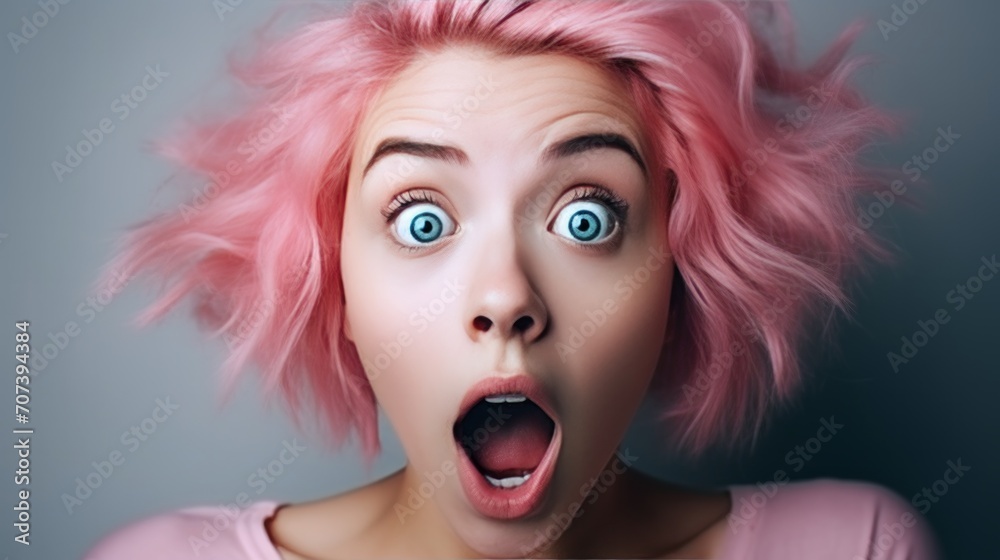 Girl with pink hair with an emotion of surprise on her face. Neural network AI generated art