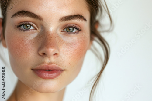 Natural beauty portrait, a close-up portrait against a white background, capturing the natural beauty and freckles.