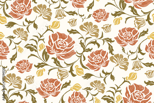 Rose Floral pattern seamless paisley embroidery border with vintage rose flower motifs. Ethnic Ikat pattern Europe baroque design. Bohemian orange colour vector illustration design .