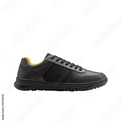 a black shoe with yellow sole