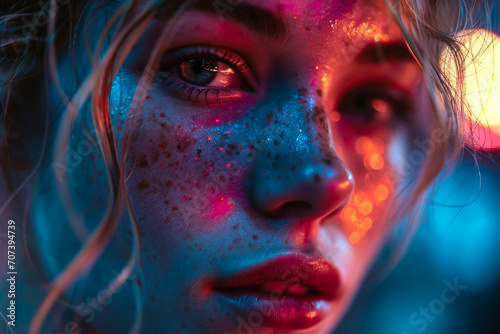 Close-up portrait of a woman in neon light. Background with selective focus and copy space