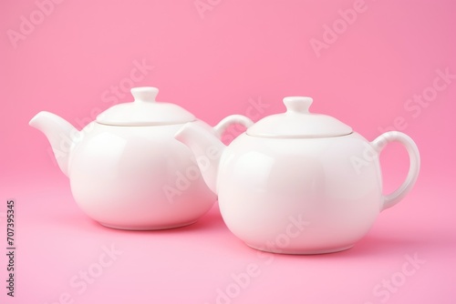 Two white porcelain teapots on pink background.