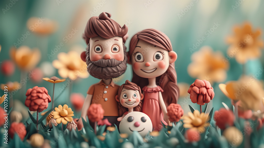 Cute family, concept playlist style, 3D illusion, digital manipulation, creative commons attribute, maroon color, poet core, storybook style,