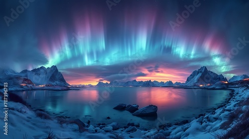 Aurora borealis (nothern lights) over sea coast with boulders : Generative AI