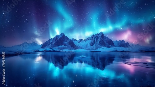 Northern lights and snow covered mountains in Lofoten islands, Norway. Aurora borealis. Starry sky with polar lights and snowy rocks reflected in water. Night winter landscape with aur : Generative AI