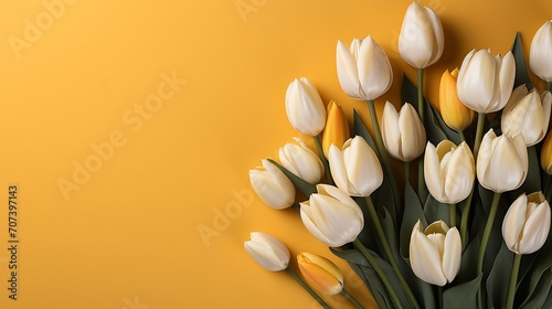 Yellow and white tulip flowers bouquet in front of yellow background. Top view flat lay. With copy space : Generative AI