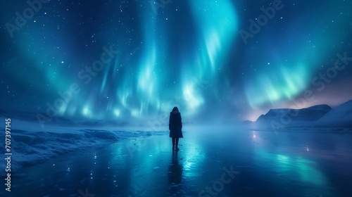 Northern Lights over lake. Aurora borealis with starry in the night sky. Fantastic Winter Epic Magical Landscape of snowy Mountains.   Generative AI