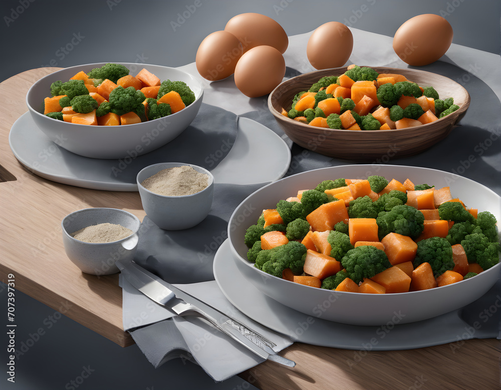 Healthy lunch with broccoli, carrots and eggs as a source of protein