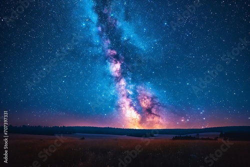 Blue dark night sky with many stars above field of trees. Yellowstone park. Milkyway cosmos background : Generative AI