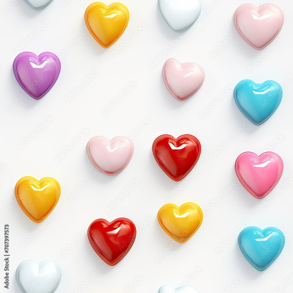 plastic inflated 3D hearts on white background Seamless pattern on white background. valentine's day background