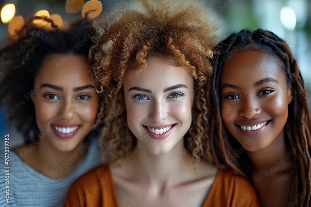 Fototapeta premium Happy multiethnic smiling business women working together in office : Generative AI