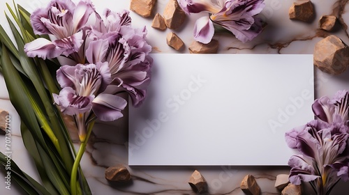 Blank paper and purple iris flowers with ribbon on white table. Top view, flat lay, mockup.Greeting card for Women's Day and March 8th. : Generative AI photo