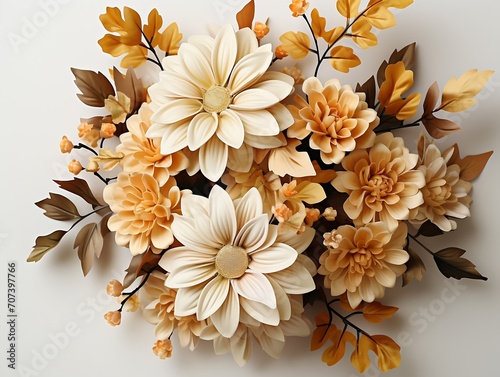 Flowers creative composition. Bouquet of chrysanthemum flowers plant with leaves isolated on white background. Flat lay  top view  copy space   Generative AI