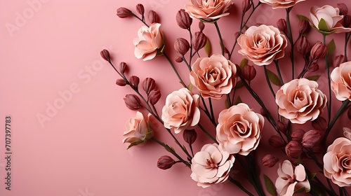 Pastel tea rose flowers on pink background. Floral background. Minimal floral concept. Flat lay, top view. : Generative AI photo