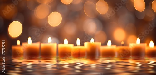 A bright orange candle burning against a bokeh light background. generative AI