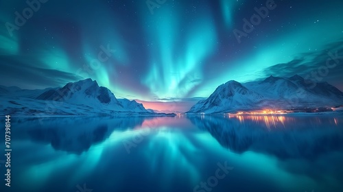 Northern Lights over lake. Aurora borealis with starry in the night sky. Fantastic Winter Epic Magical Landscape of snowy Mountains. : Generative AI © Generative AI