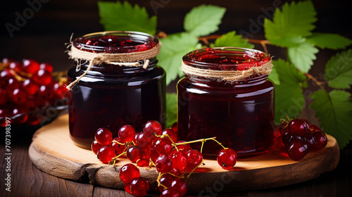red currant jam in a glass jar. red currant jam on a wooden background. Delicious natural marmalade