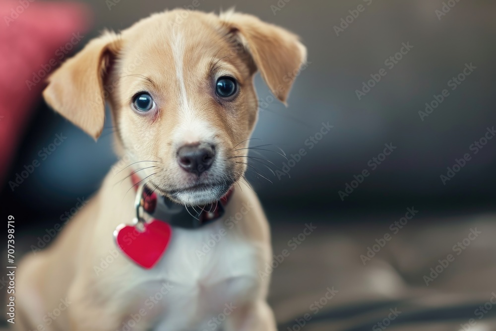 A puppy with a heart-shaped tag