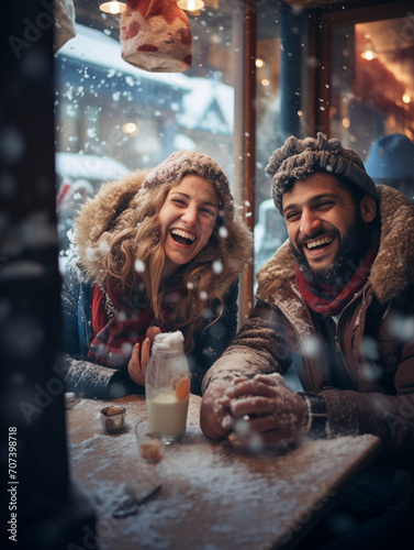 man and woman laughing at a table, in the style of natalia rak, webcam photography, snow scenes, ahmed morsi, travel, gloomy metropolises, photo taken with provia photo