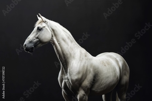 A majestic white horse standing in a studio setting, with a dramatic black background and soft lighting. © furyon