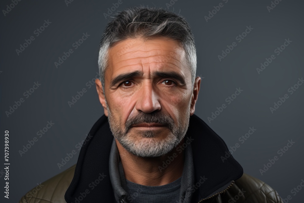 Portrait of a mature man with beard and mustache on grey background