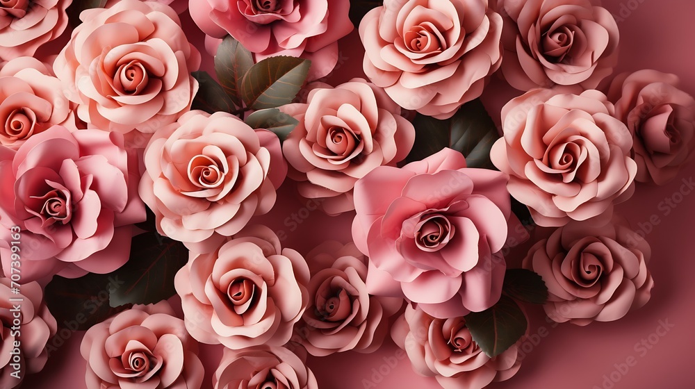 Pastel tea rose flowers on pink background. Floral background. Minimal floral concept. Flat lay, top view. : Generative AI Pastel tea rose flowers on pink background. Floral background. Minimal floral concept. Flat lay, top view. : Generative AI