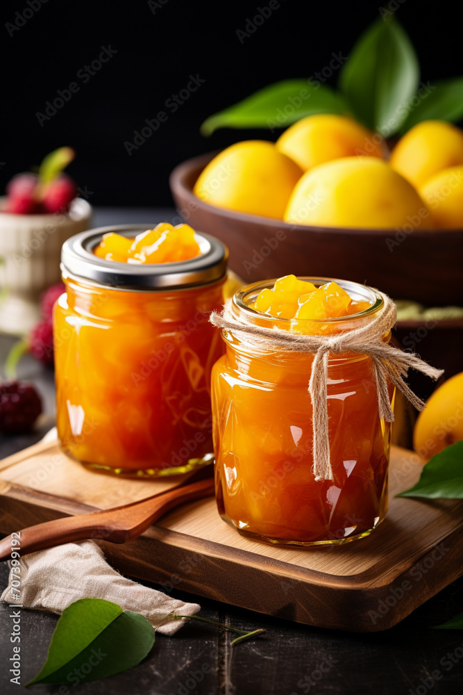 mango jam in a glass jar. mango jam on a wooden background. Delicious natural marmalade. mango jam in a glass jar. mango jam on a wooden background. Delicious natural marmalade.