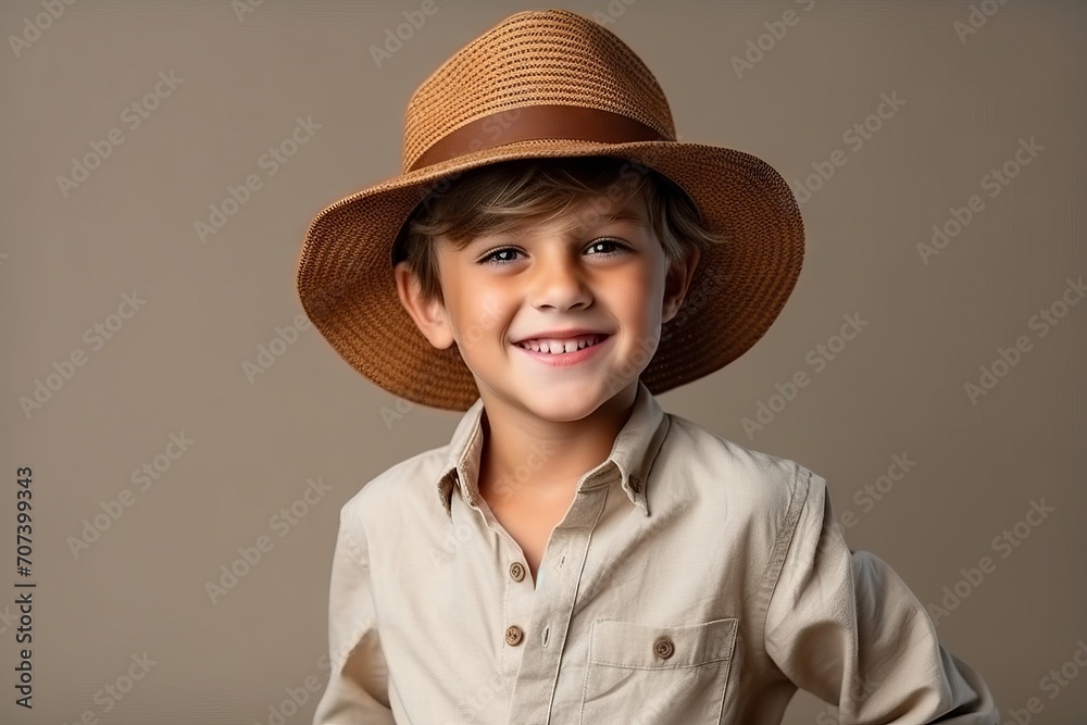Portrait of a cute little boy in a hat on a gray background Portrait of a cute little boy in a hat on a gray background