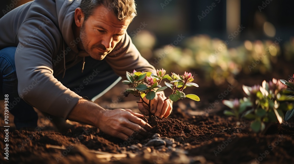 Man transplanting beautiful flowers into soil outdoors on sunny day, closeup. Gardening time : Generative AI - obrazy, fototapety, plakaty 