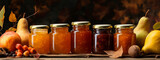 pear jam in a glass jar. pear jam on a wooden background. Delicious natural marmalade