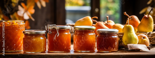 pear jam in a glass jar. pear jam on a wooden background. Delicious natural marmalade photo