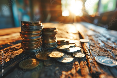 Pile of Coins on Wooden Table