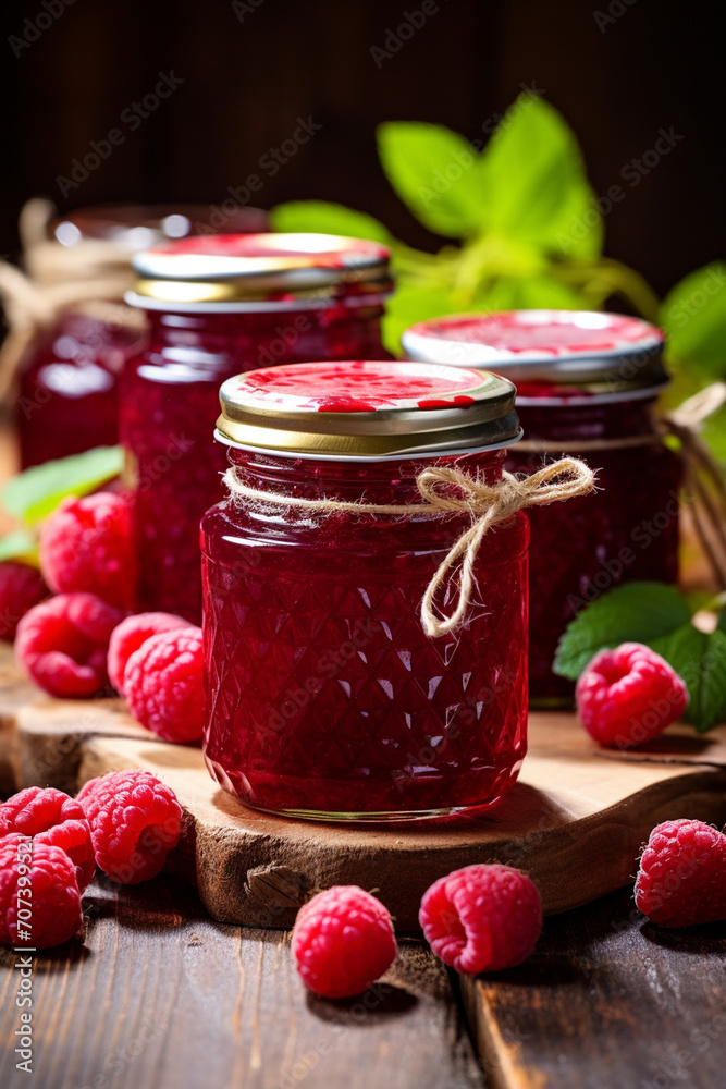 raspberry jam in a glass jar. raspberry jam on a wooden background. Delicious natural marmalade raspberry jam in a glass jar. raspberry jam on a wooden background. Delicious natural marmalade