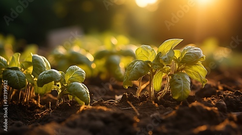 Rows of potatoes growing in field : Generative AI photo