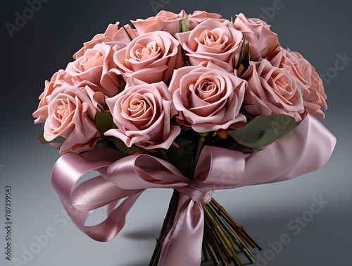 Fresh  lush bouquet of pink roses wrapped in paper for present isolated on white background. Wedding bouquet   Generative AI