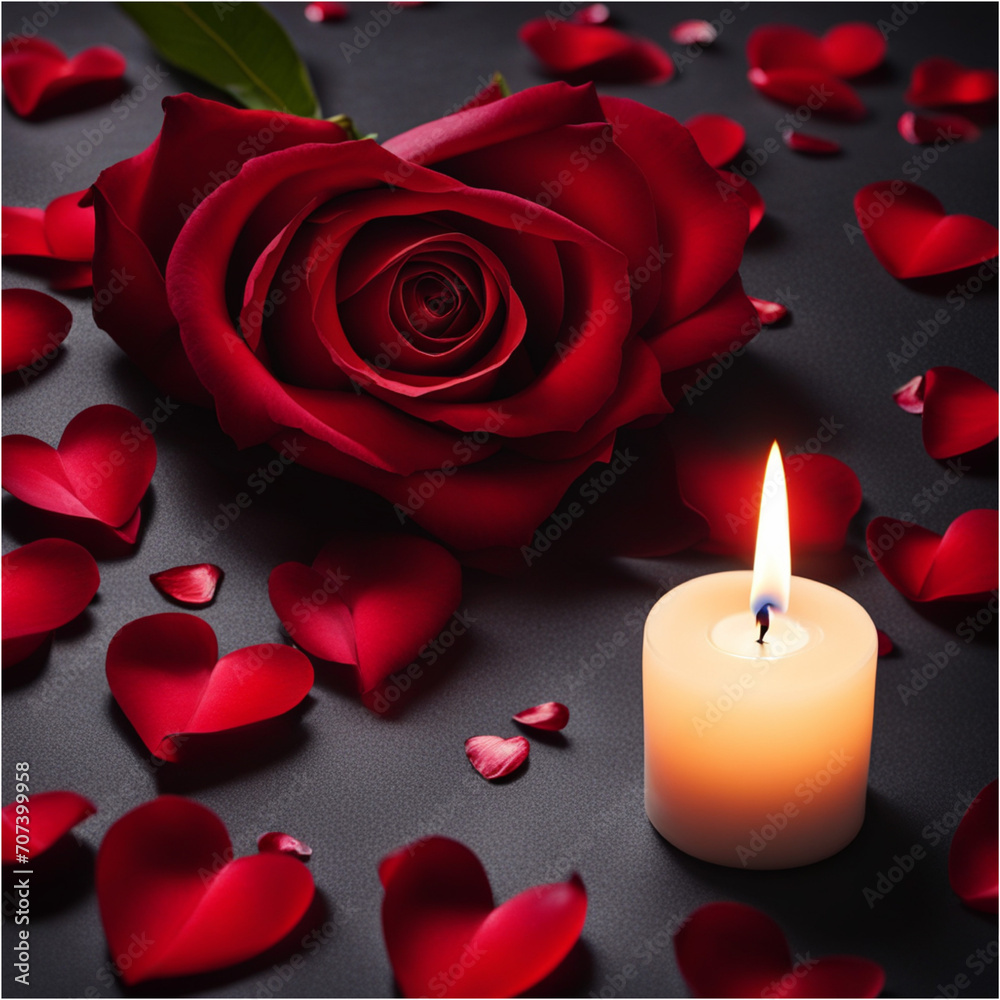 Red rose petals forming love by candlelight under realistic romantic full moon Red rose petals forming love by candlelight under realistic romantic full moon