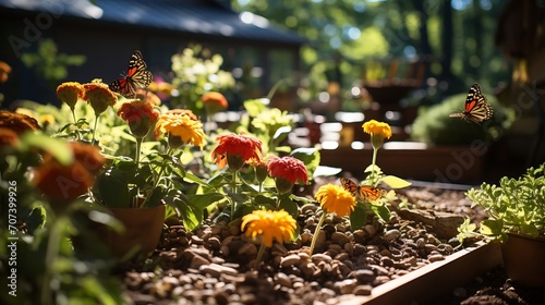 A colorful backyard pollinator garden. : Generative AI photo