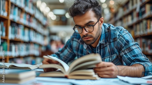 Man Reading Book in Library