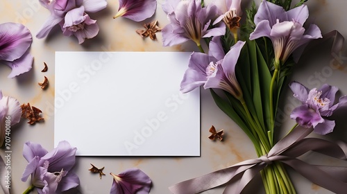 Blank paper and purple iris flowers with ribbon on white table. Top view, flat lay, mockup.Greeting card for Women's Day and March 8th. : Generative AI photo