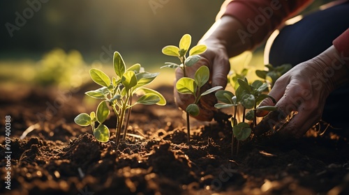 Banner.Close-up. Hands of an elderly woman holding the soil with a young plant. Planting seedlings in the soil. There is a shoulder blade nearby.The concept of conservation of nature a : Generative AI