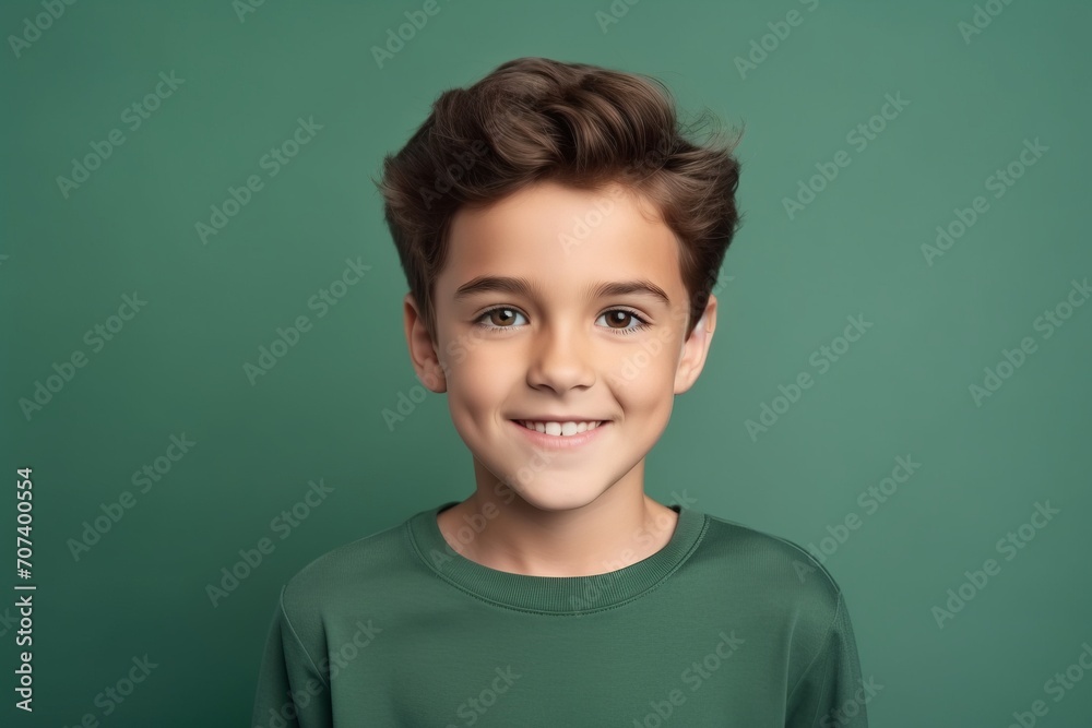 smiling little boy in green t-shirt over dark green background