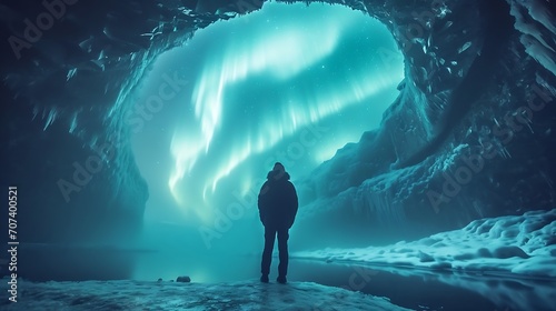 Back view of unrecognizable traveler standing in cave and admiring green majestic polar lights during trip through iceland : Generative AI