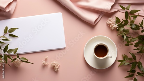 Top view office desk. Workspace with, computer, paper blank, bouquet lilac. Women's fashion accessories isolated on pink background. Flat composition for magazines, websites, media. Fl : Generative AI